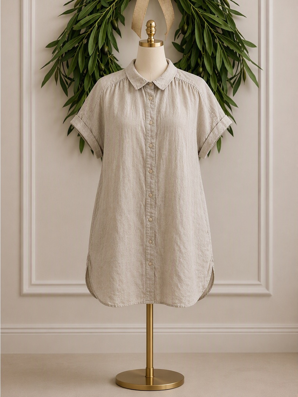 J Crew Classic Relaxed 100% Linen Beige Tan Shirt Dress Large
